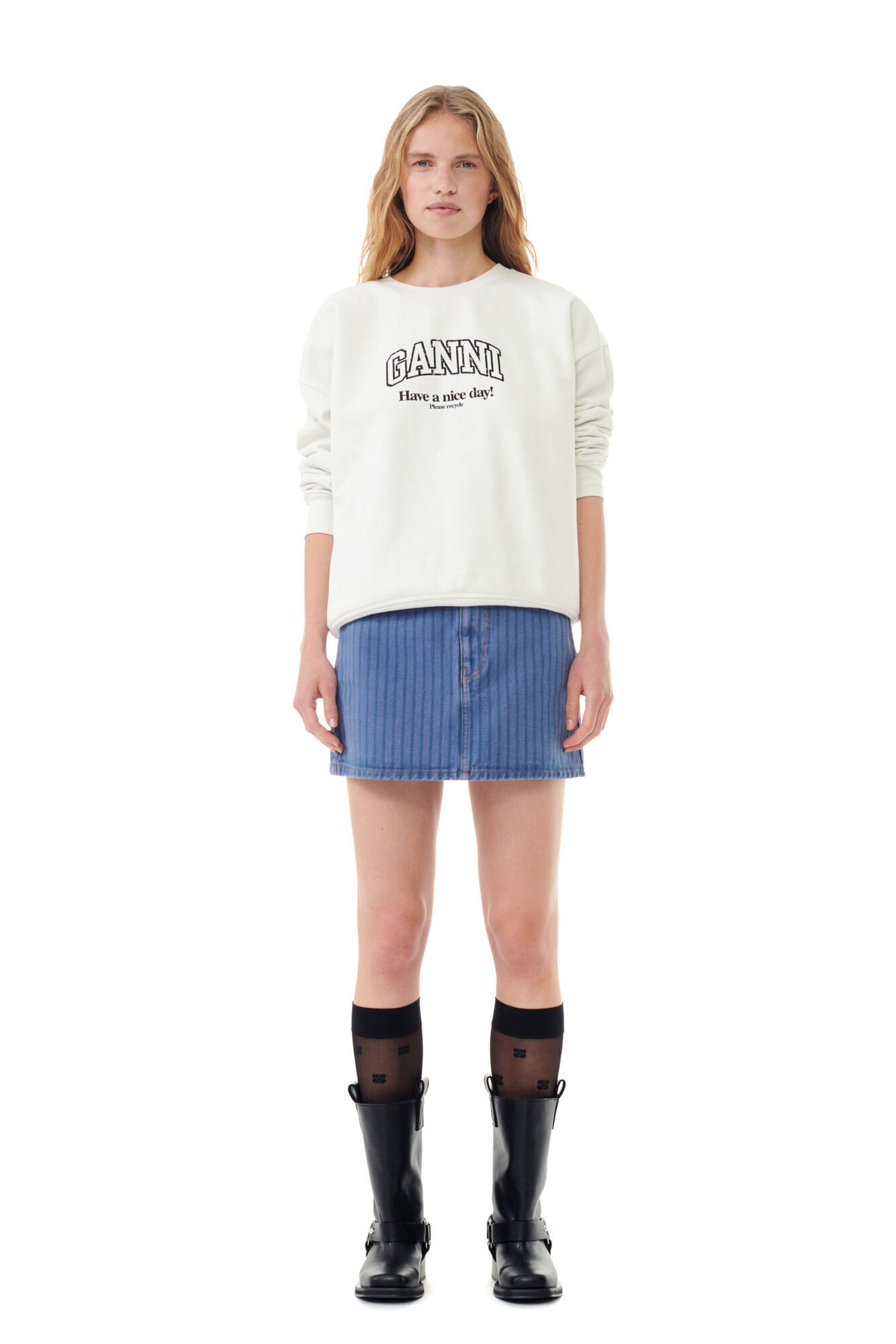 Ganni Blue Stripe Overdyed Denim Miniskirt In Blue
