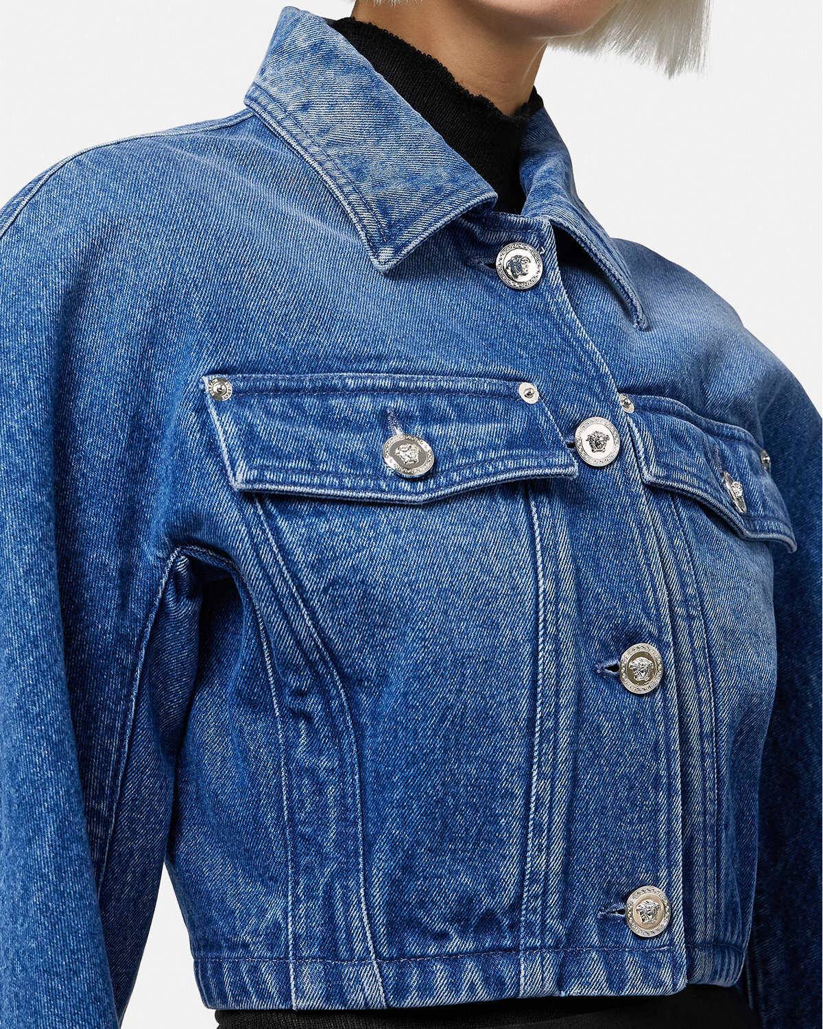 Versace Stone-washed Crop Denim Jacket In Medium Blue