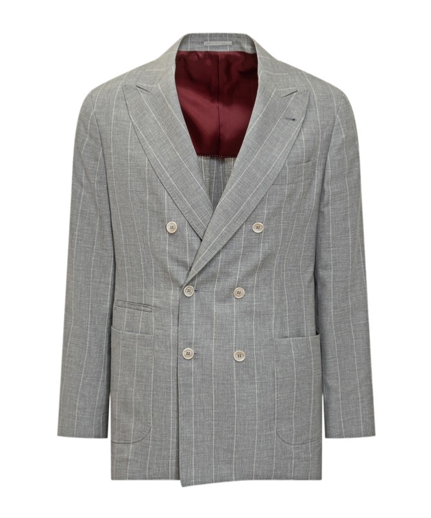 Brunello Cucinelli Double-breasted Grey Blazer With Pinstripe Pattern