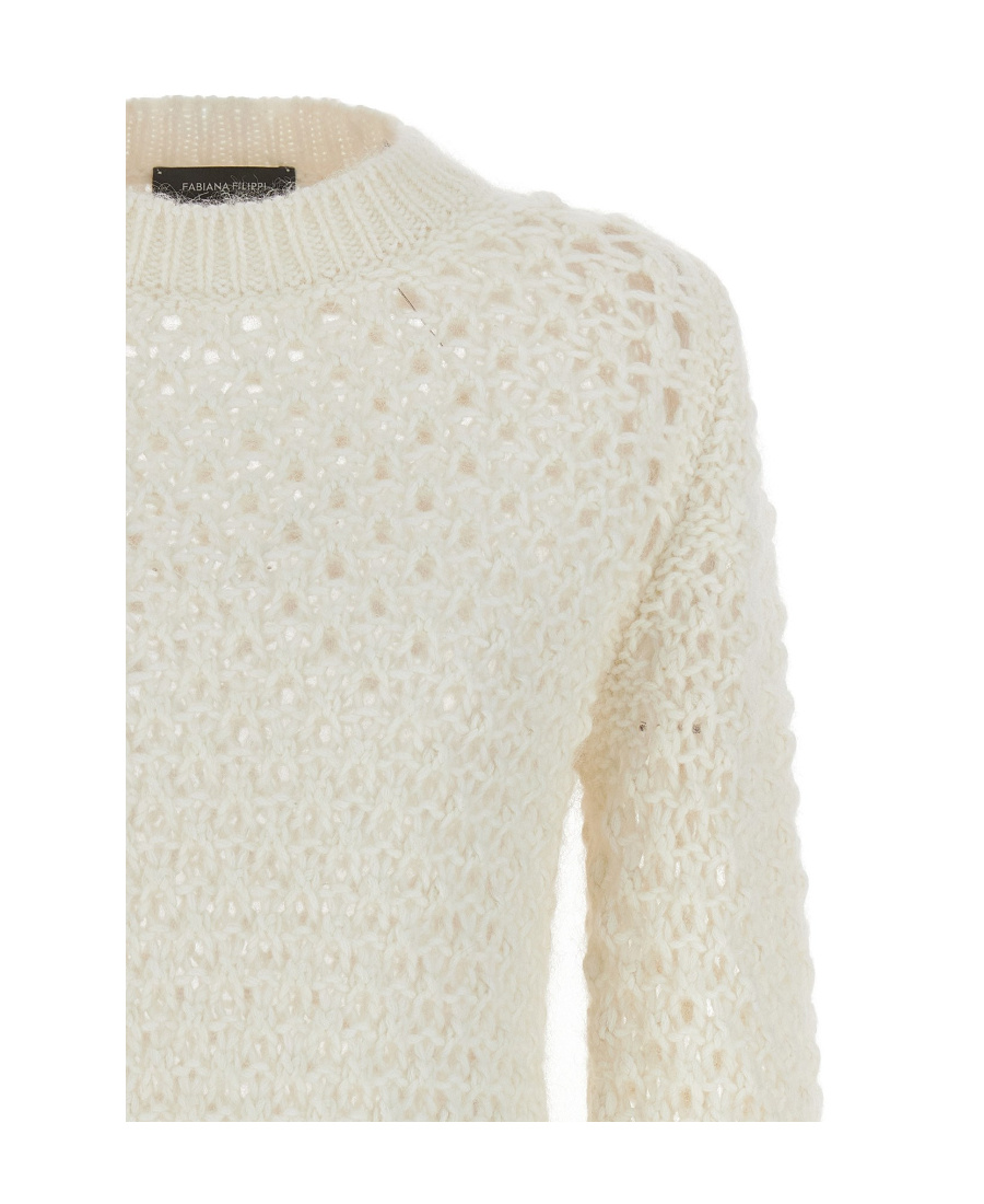 Fabiana Filippi Open-knit Crew Neck Long Sleeve Sweater In White