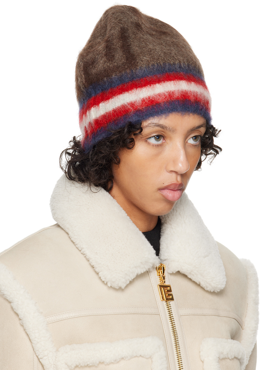 Balmain Brown Brushed Beanie In Red