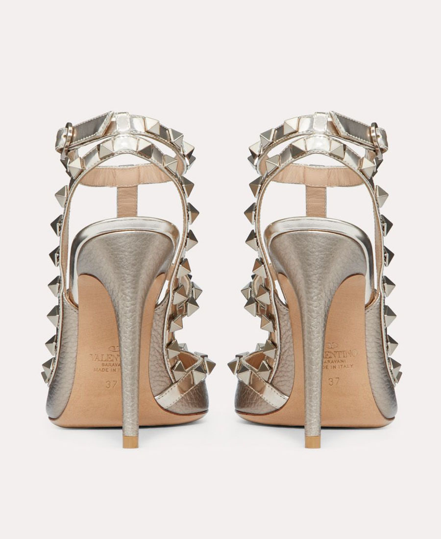 Shop Valentino Rockstud Metallic Ankle Strap Pump 100 Mm In Nude