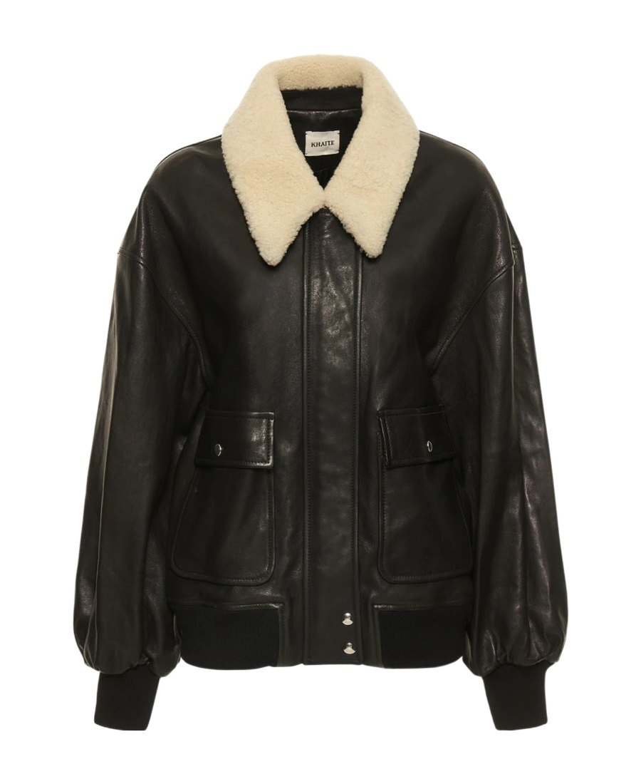 Khaite Shellar Shearling Collar Leather Aviator Jacket