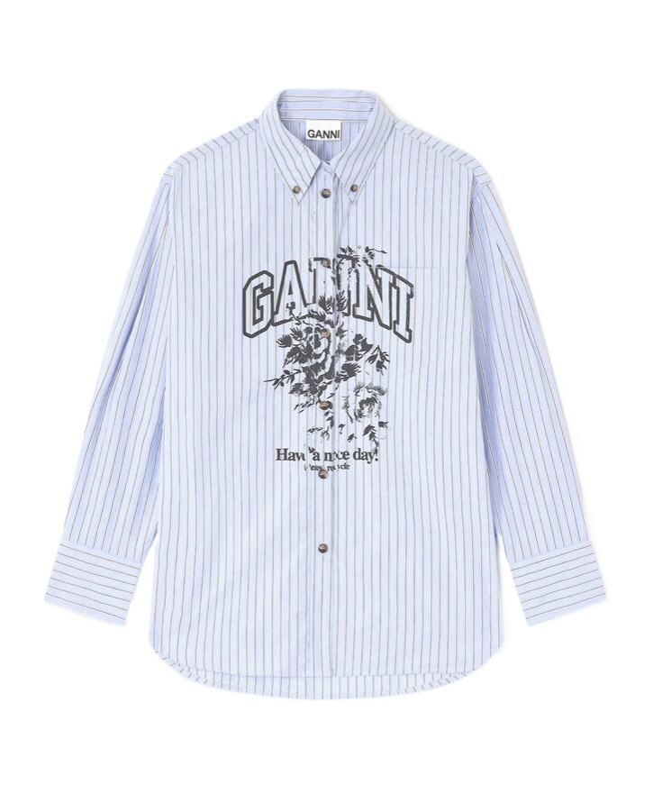 Ganni Long Sleeve Cotton Shirt With Graphic Print In Blue