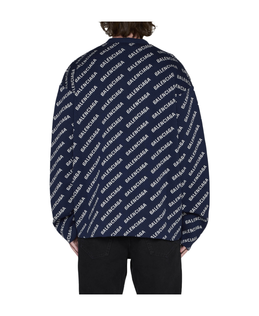 Balenciaga All-over Logo Button-up Cardigan In Blue