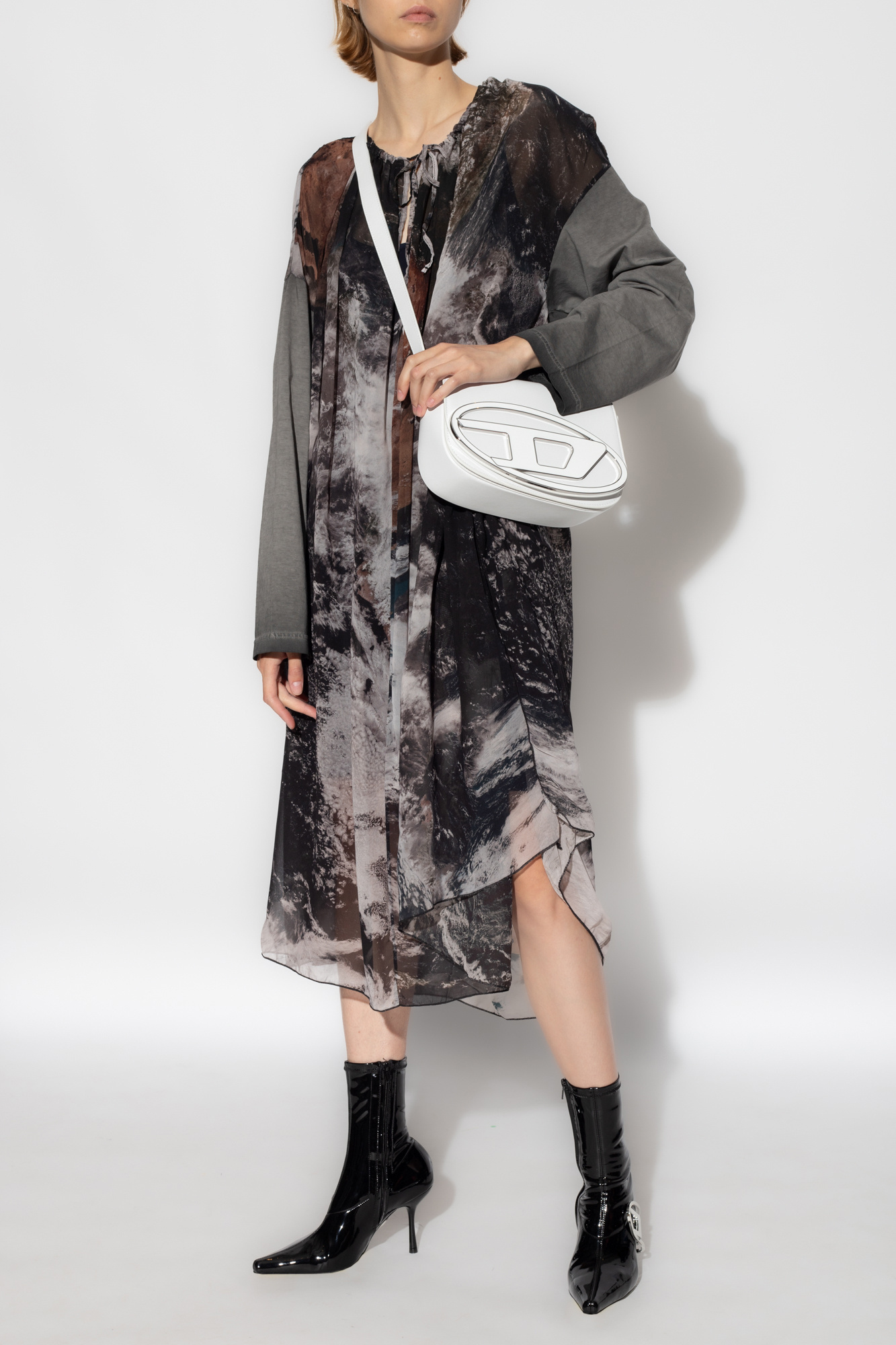 Diesel Planet-print Drawstring Midi Dress In Black