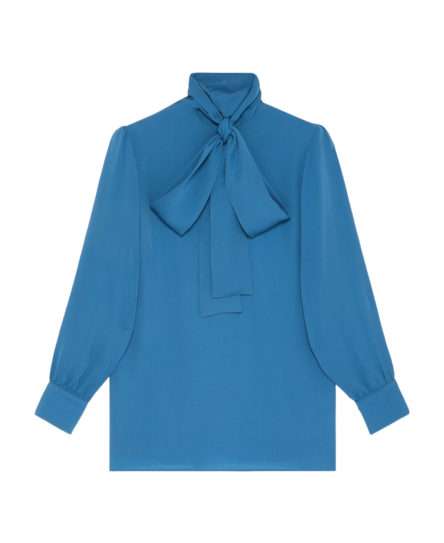 Shop Gucci Tie-neck Silk Blouse In Blue