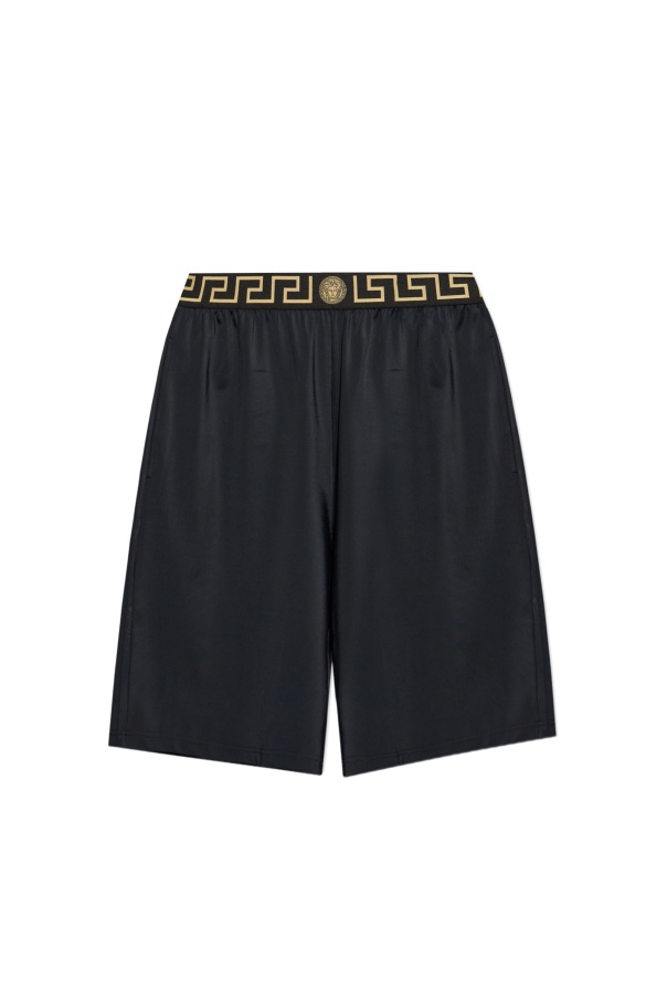 Versace Black Swim Trunks With Greca And Medusa Head Print On Elastic Waistband In Nylon Man In Black