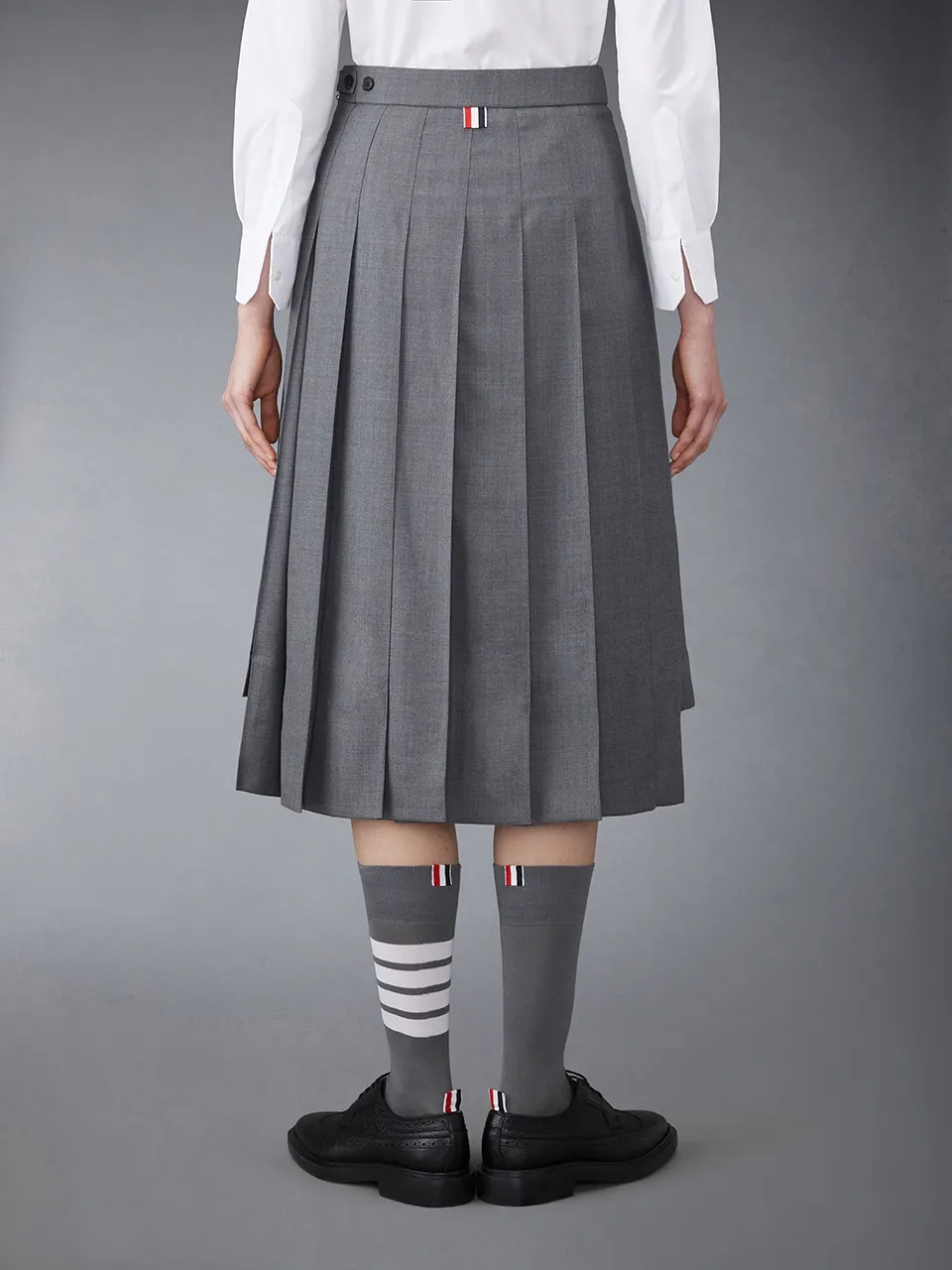 Thom Browne Medium Grey School Uniform Plain Weave Below-the-knee Pleated Skirt In Gray