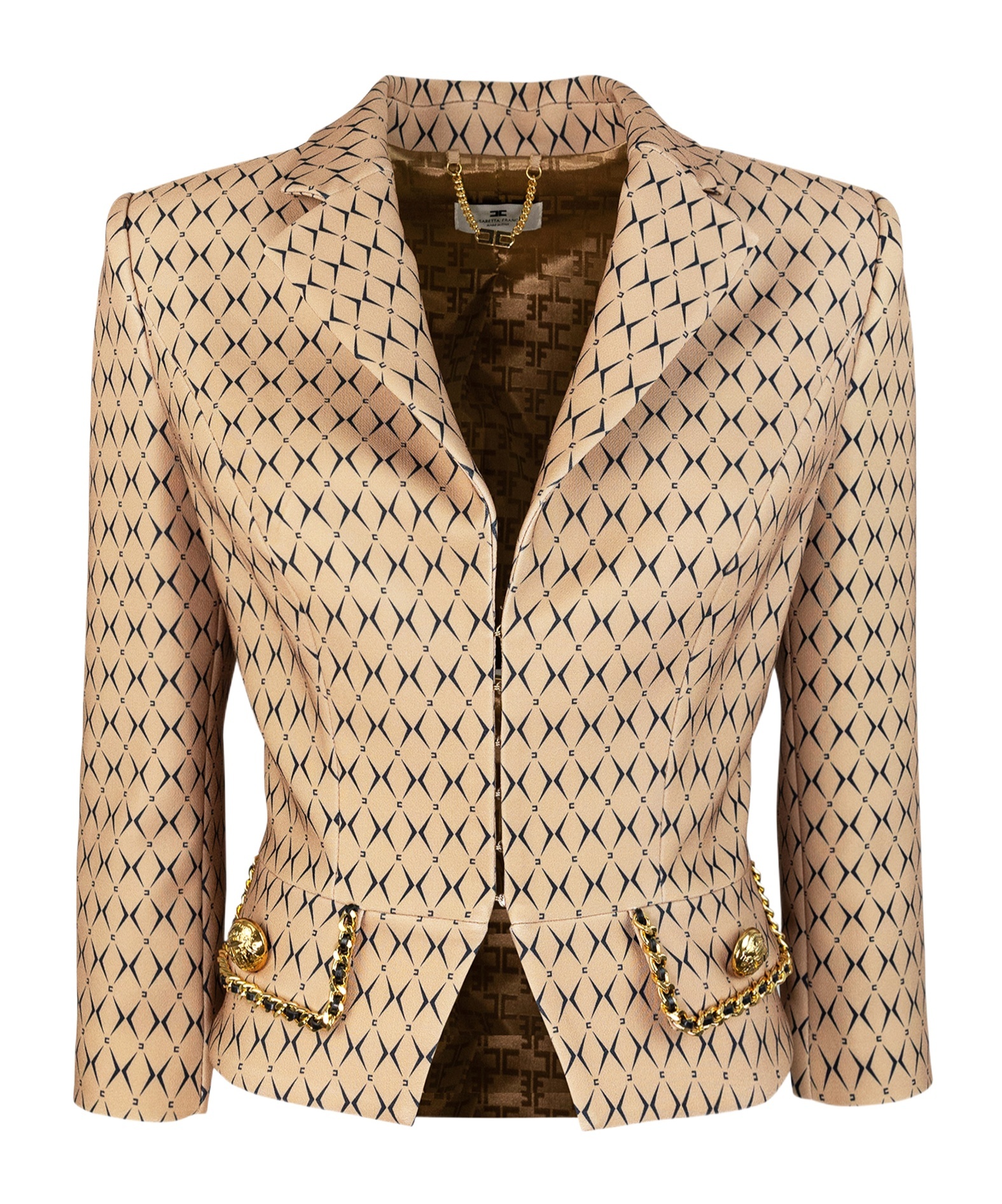 Elisabetta Franchi Camel Diamond Pattern Blazer With Cropped Silhouette In Nude