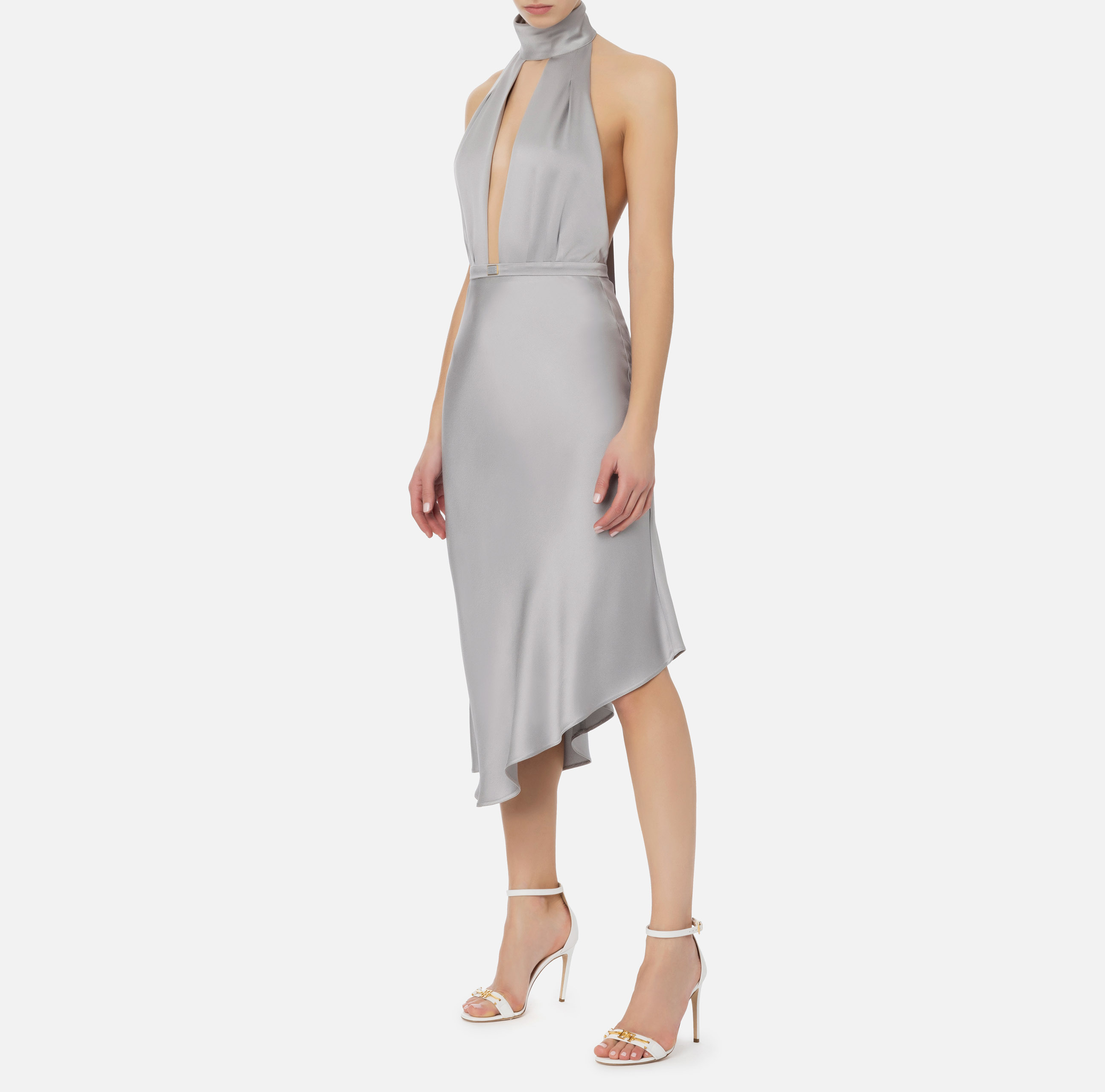 Elisabetta Franchi Satin Midi Dress With Asymmetric Skirt In Gray
