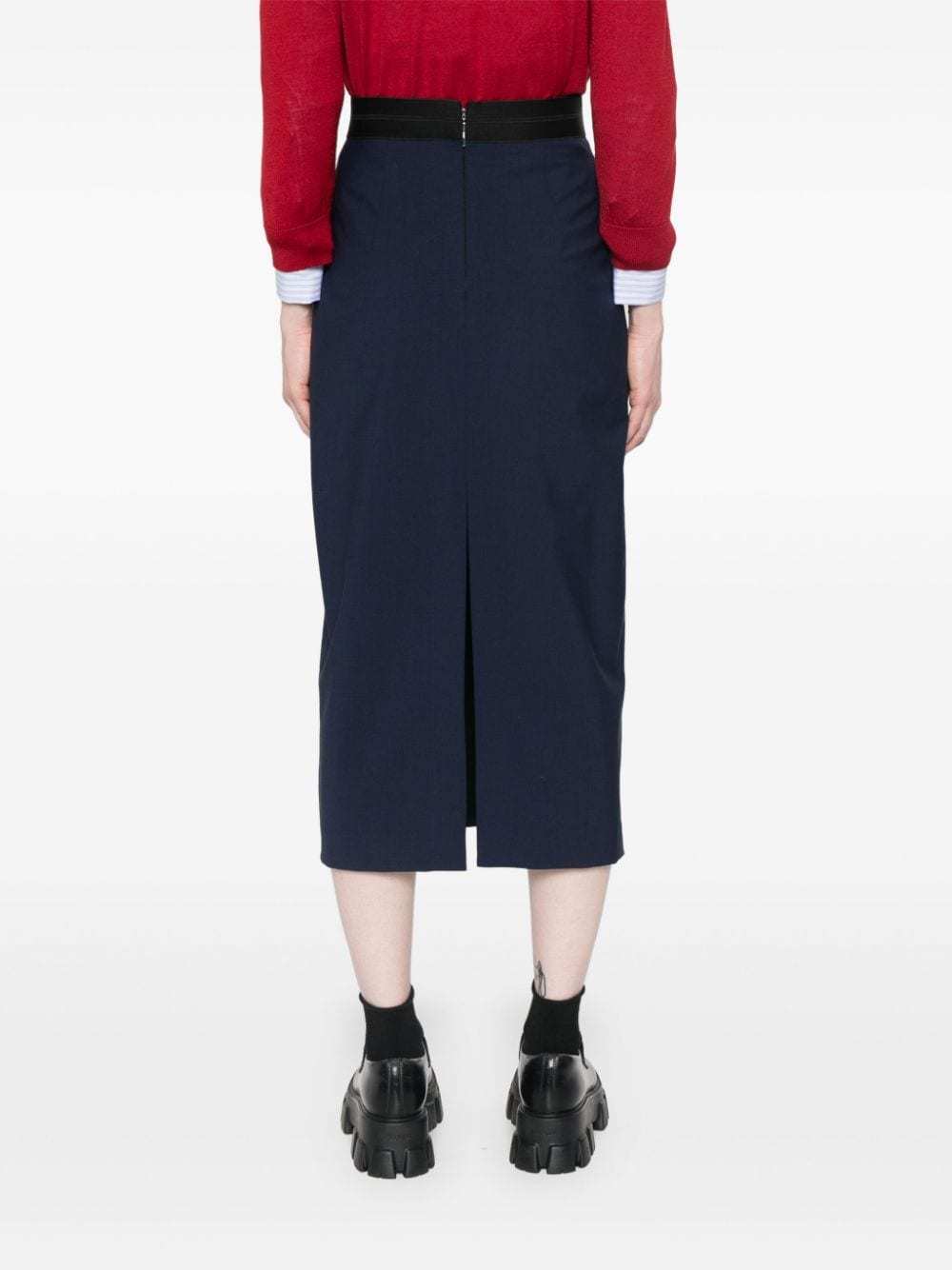 Msgm Calf-length Skirt With Rear Slit And Slub Texture In Black
