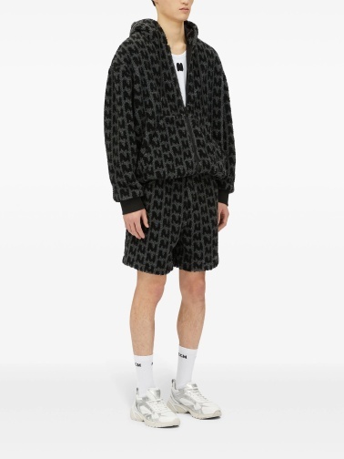 Msgm Towelled Finish Logo-patterned Zipped Hoodie In Black