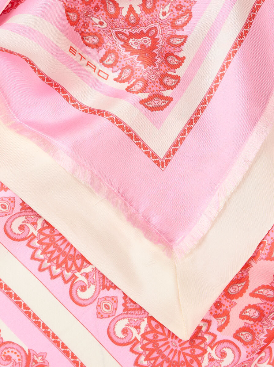 Etro A Silk Scarf Decorated With Badges And Paisley Patterns In Pink