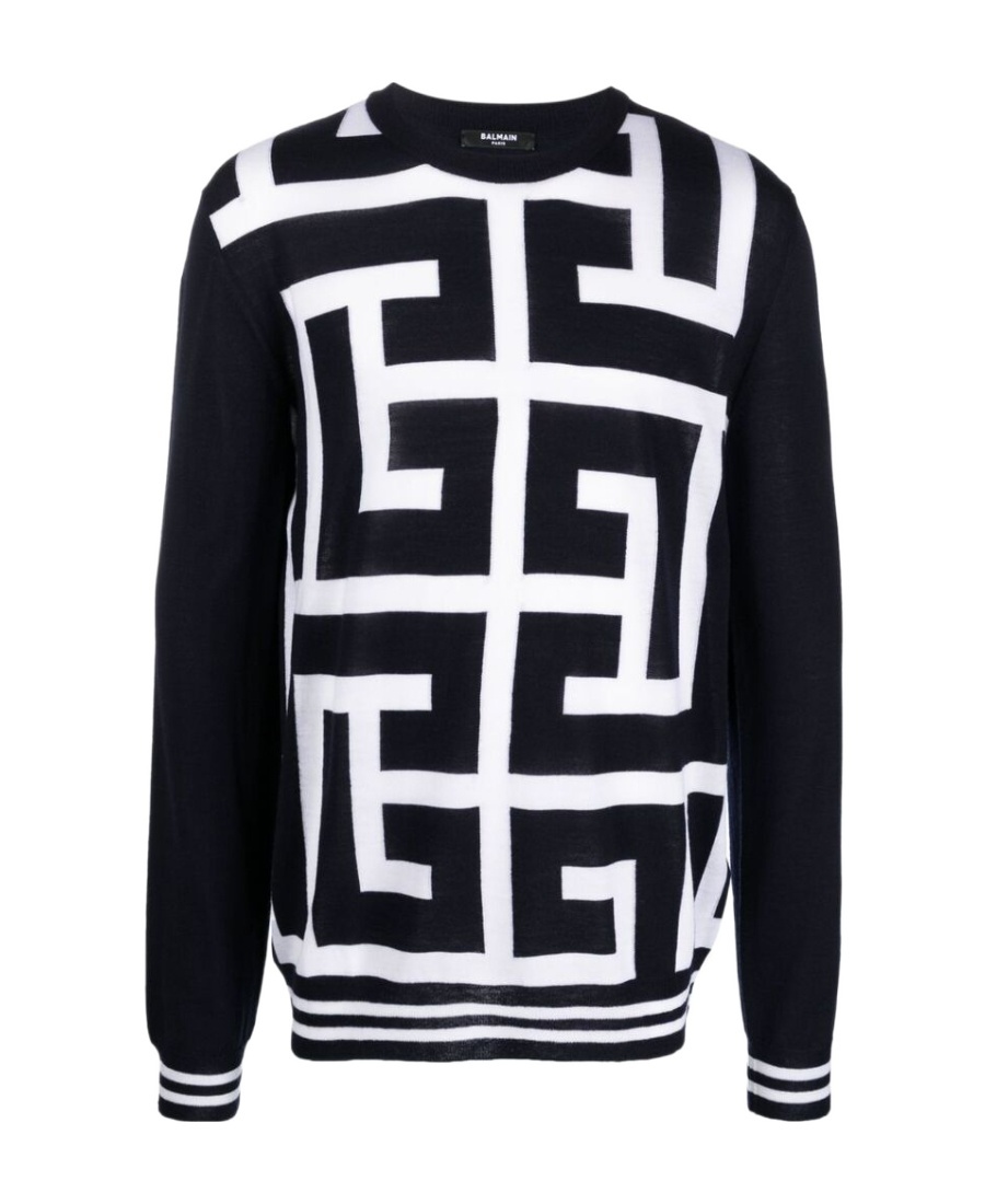 Balmain Monogram-print Merino Wool Jumper In Black