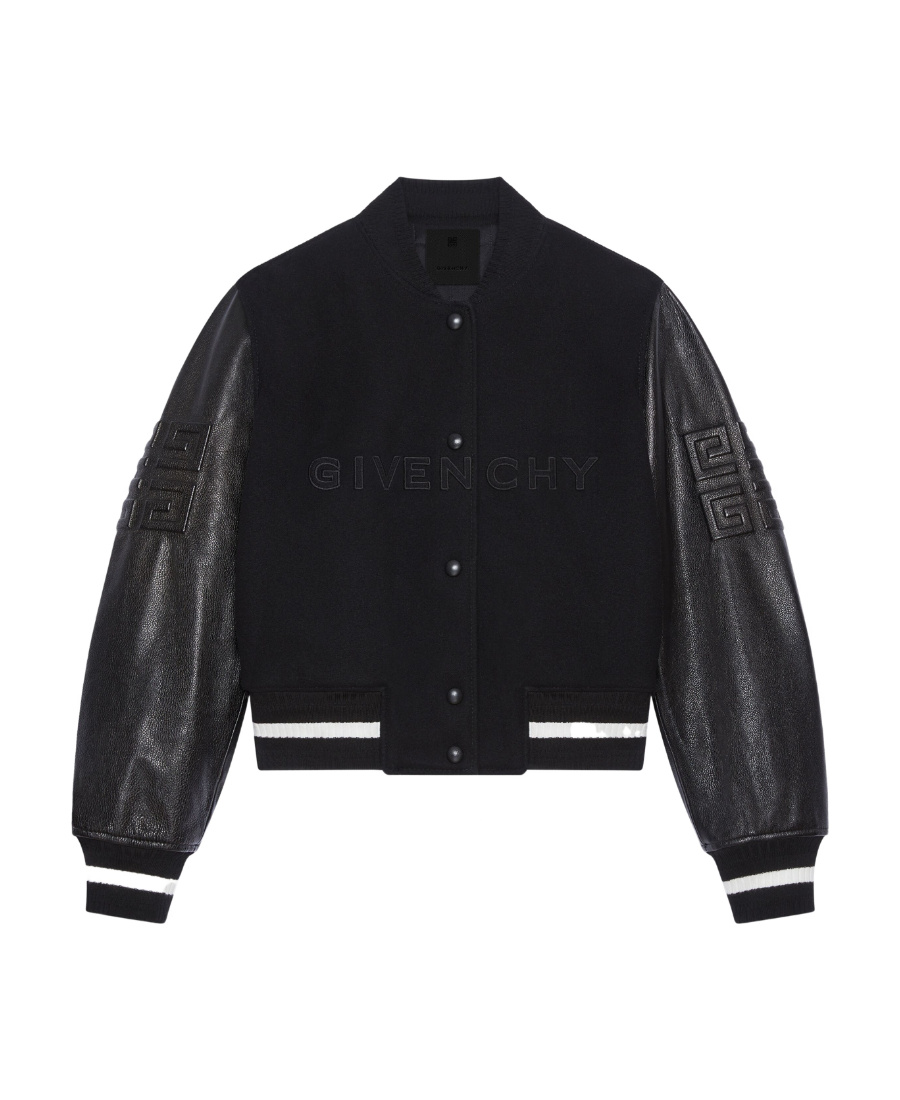 Givenchy Wool Blend Parka With Leather Sleeves And Iconic Branding In Black