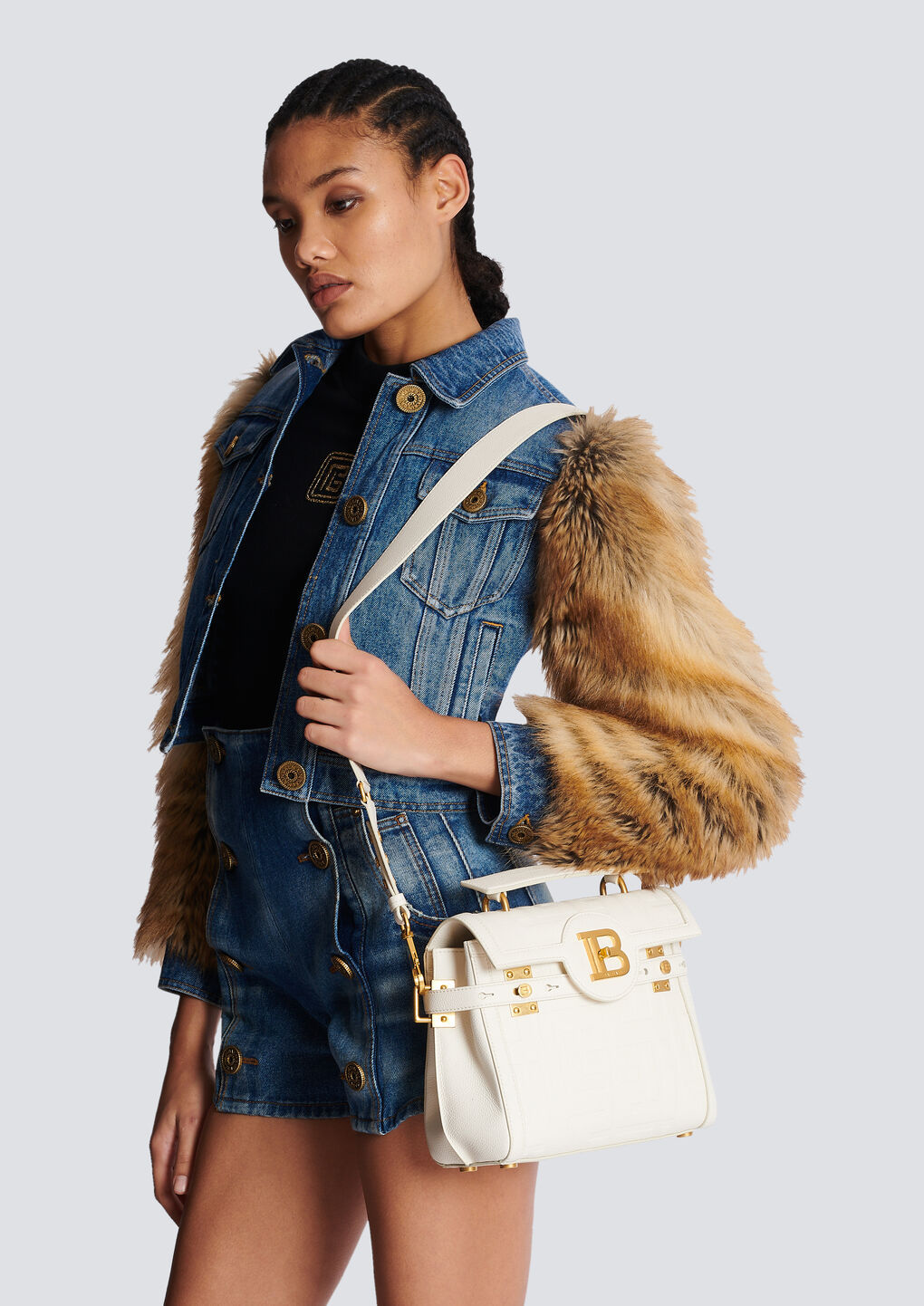 Balmain B-buzz 23 Monogrammed Grained Leather Bag In White