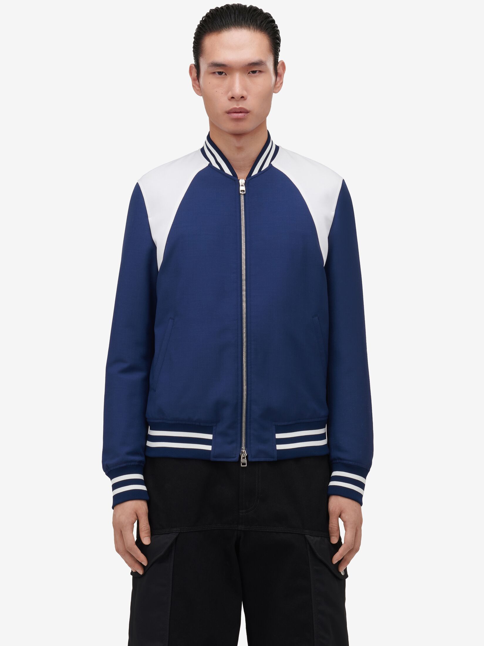 Alexander Mcqueen Panelled Wool And Mohair-blend Bomber Jacket In Blue