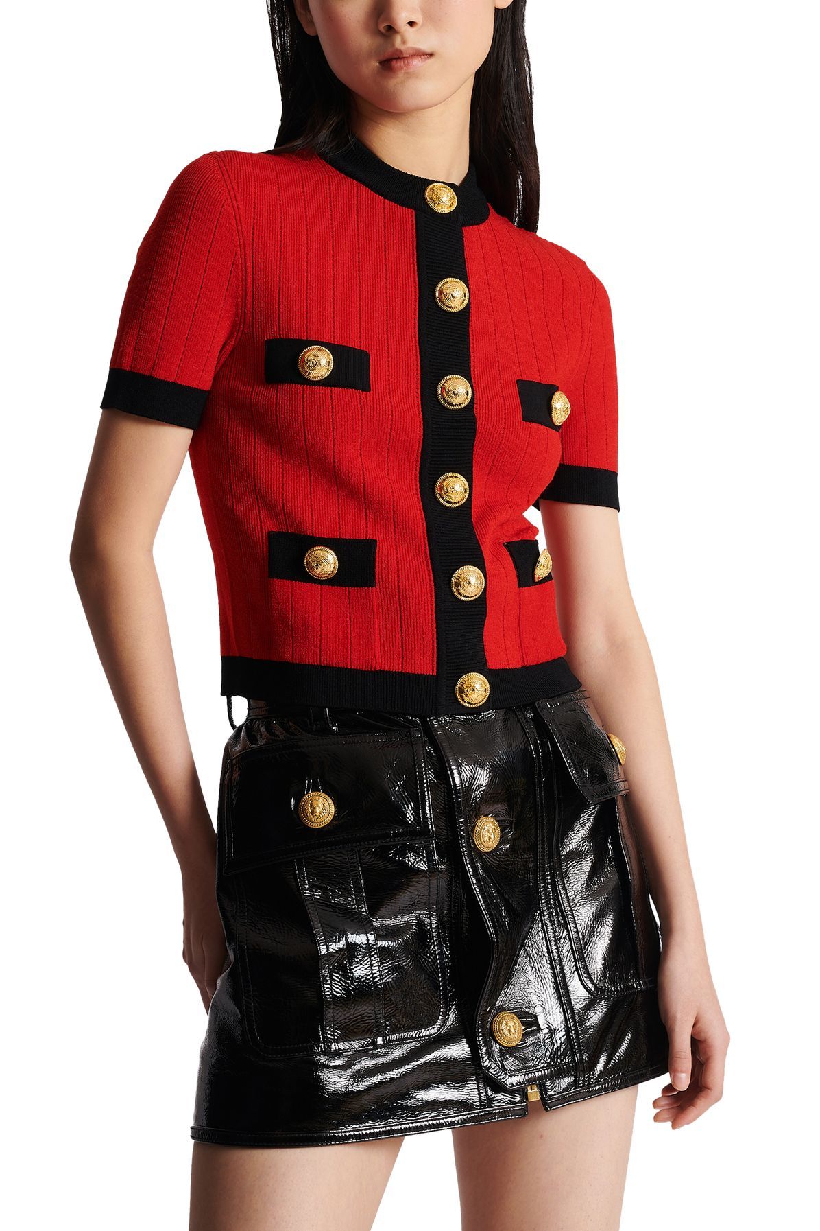 Balmain Short-sleeve Cropped Cardigan In Red