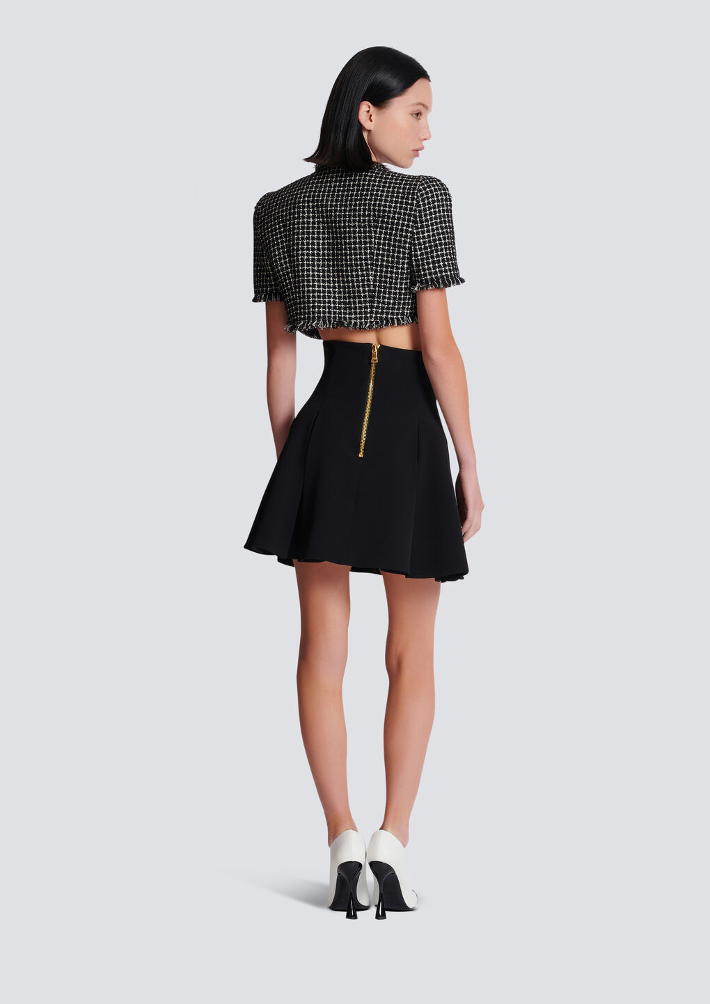 Balmain Cropped Embellished Cotton-blend Tweed Jacket In Black