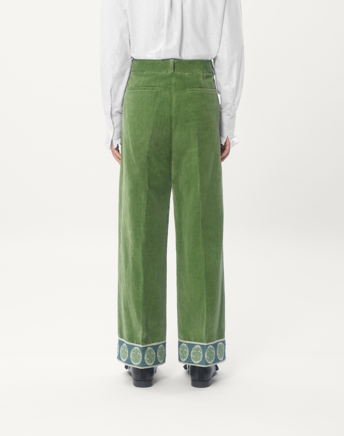 Valentino Garavani Velvet Trousers With Jacquard Hem In Green
