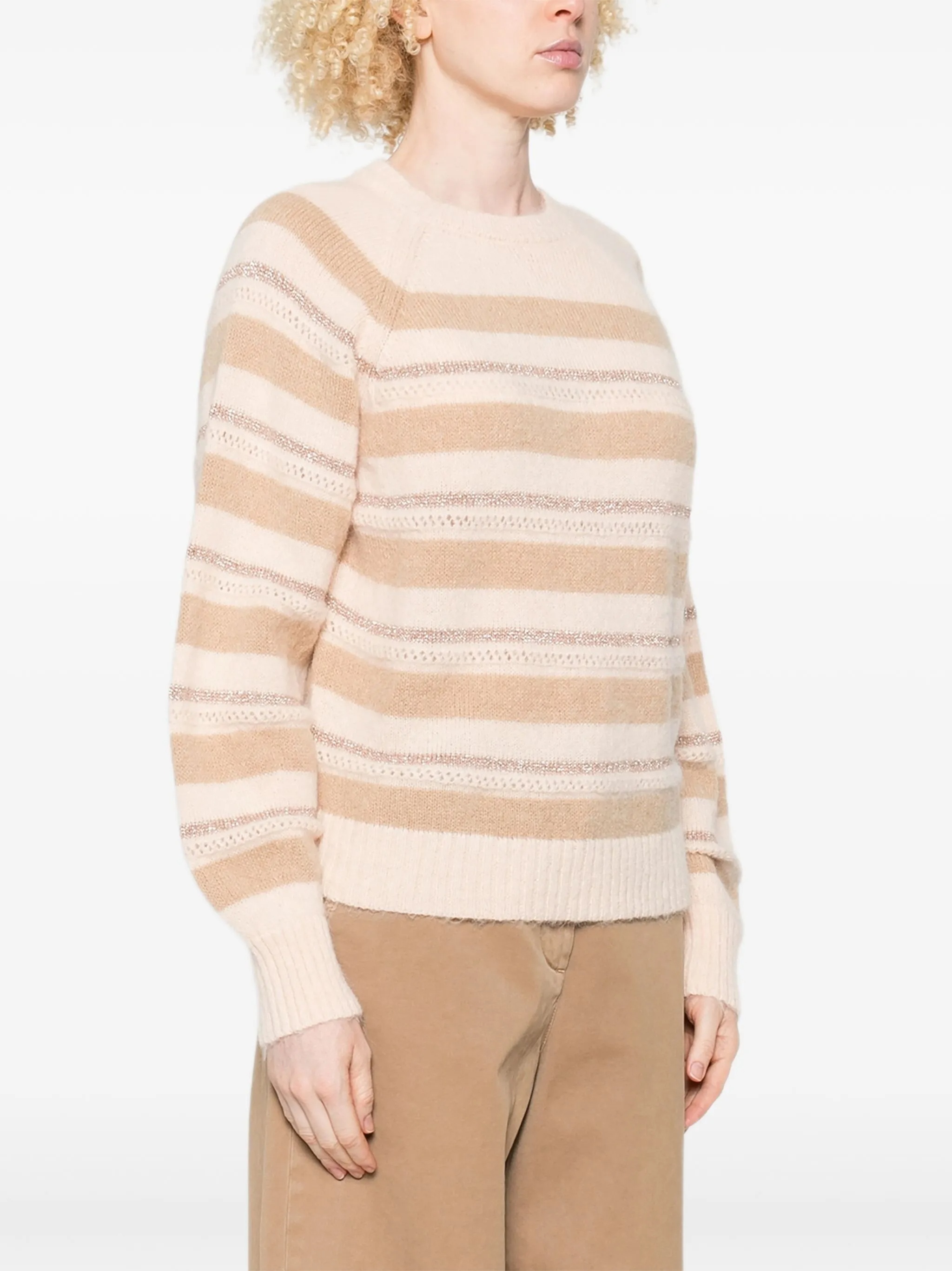Twinset Beige And Cream Striped Knit Sweater In Brown