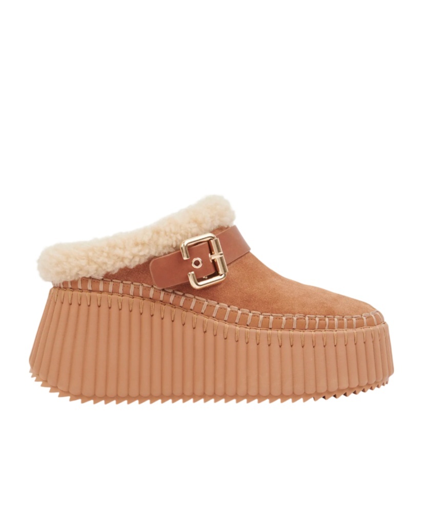 Chloé Nama Suede Shearling-lined Platform Clogs In Brown