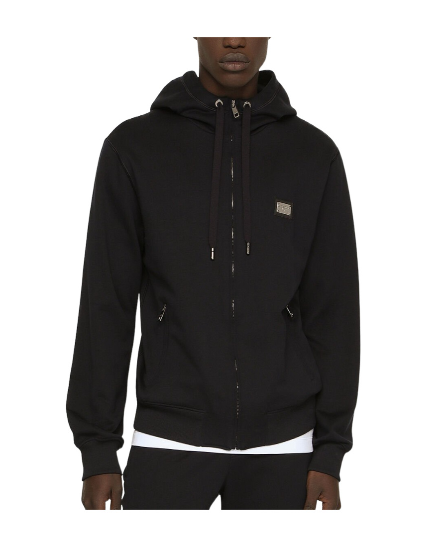 Dolce & Gabbana Black Hoodie With Plated Logo On The Chest In Black