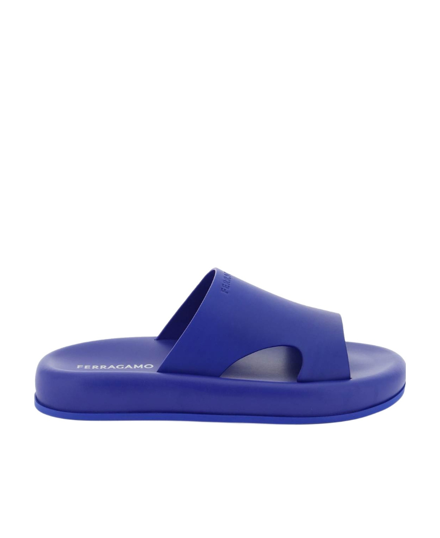 Ferragamo Dolce Leather Flatform Slides In Blue