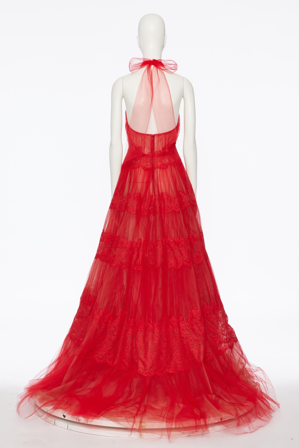 Valentino Sheer Tulle Lace Panel Halter Backless Gown In Rose