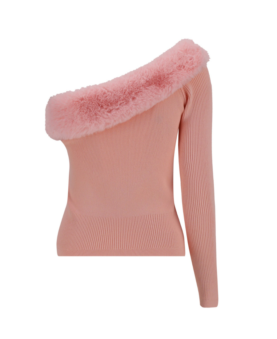 Blumarine Faux-fur Detail One-shoulder Top In Pink