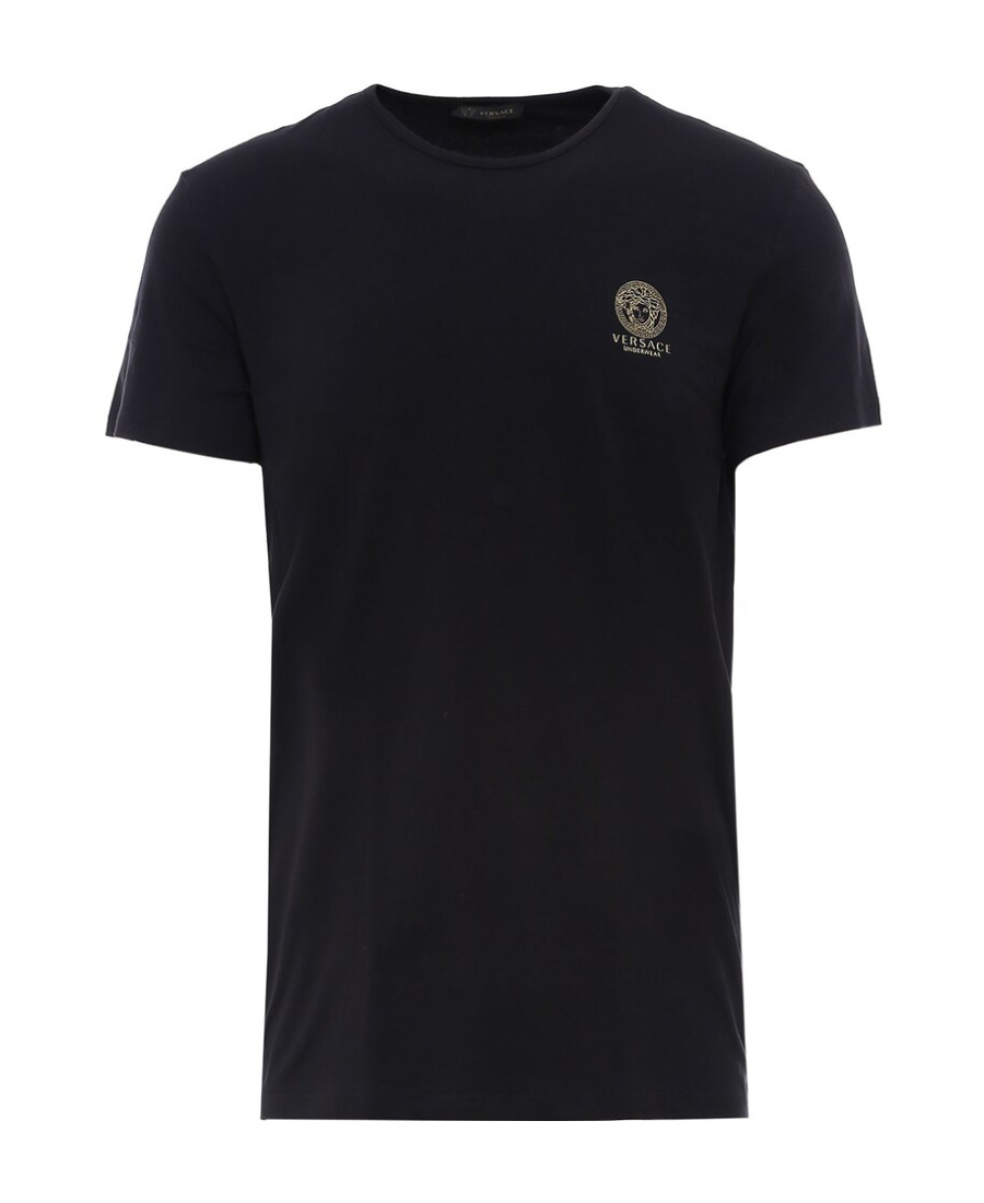 Versace Black Crewneck T-shirt With Medusa Logo Print In Stretch Cotton Man In Black