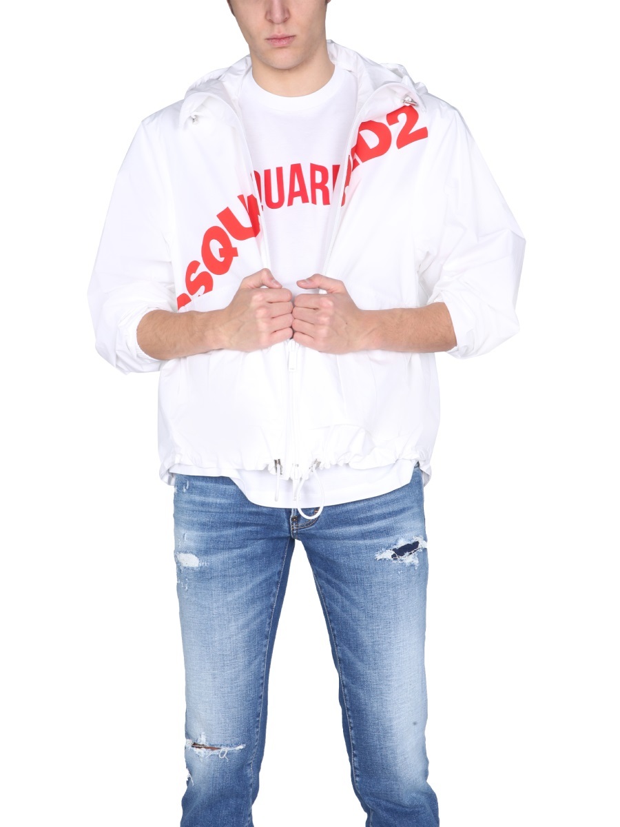 Dsquared2 Hooded High Neck Logo Print Jacket For Men In White