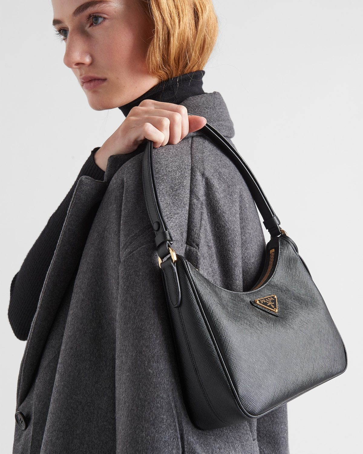 Prada Logo Mini Saffiano Leather Shoulder Bag In Black