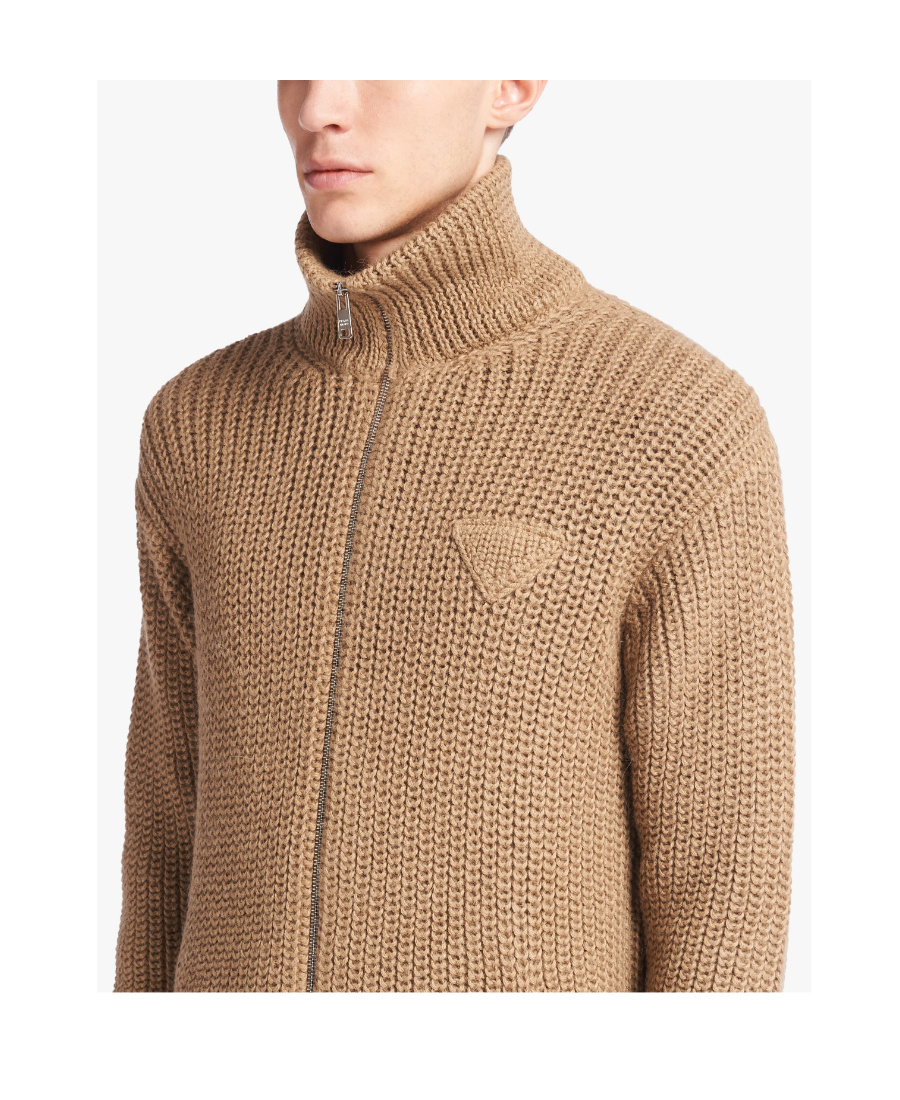 Prada Logo Cardigan In Camel Brown