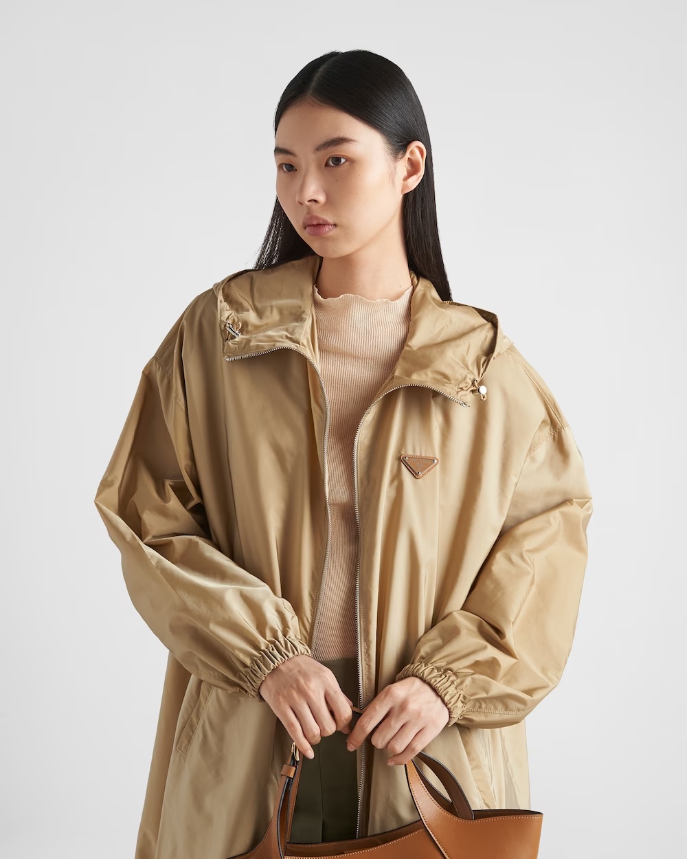 Prada Re-nylon Hooded Raincoat In Brown