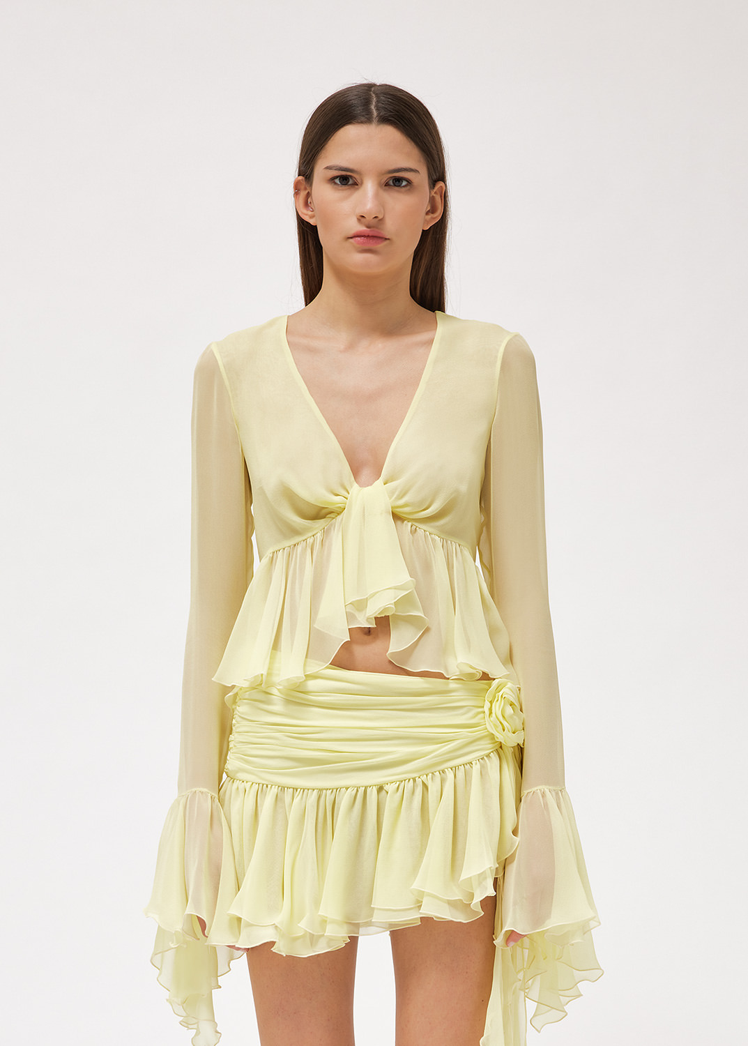 Blumarine Ruffled Long-sleeve Silk Blouse In Yellow