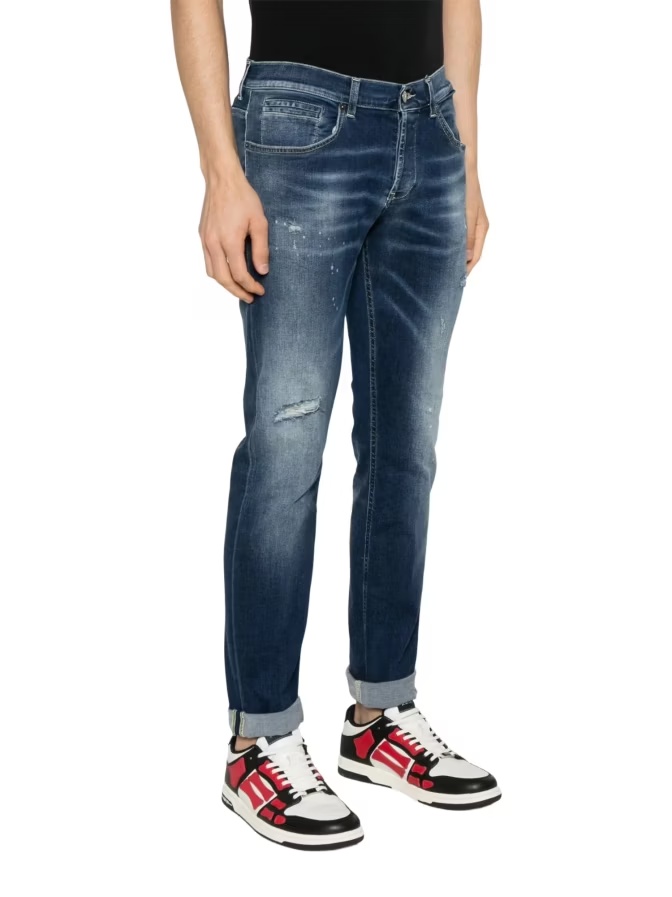 Dondup Indigo Blue Trousers With Distressed Finish And Classic Five-pocket Design In Blue