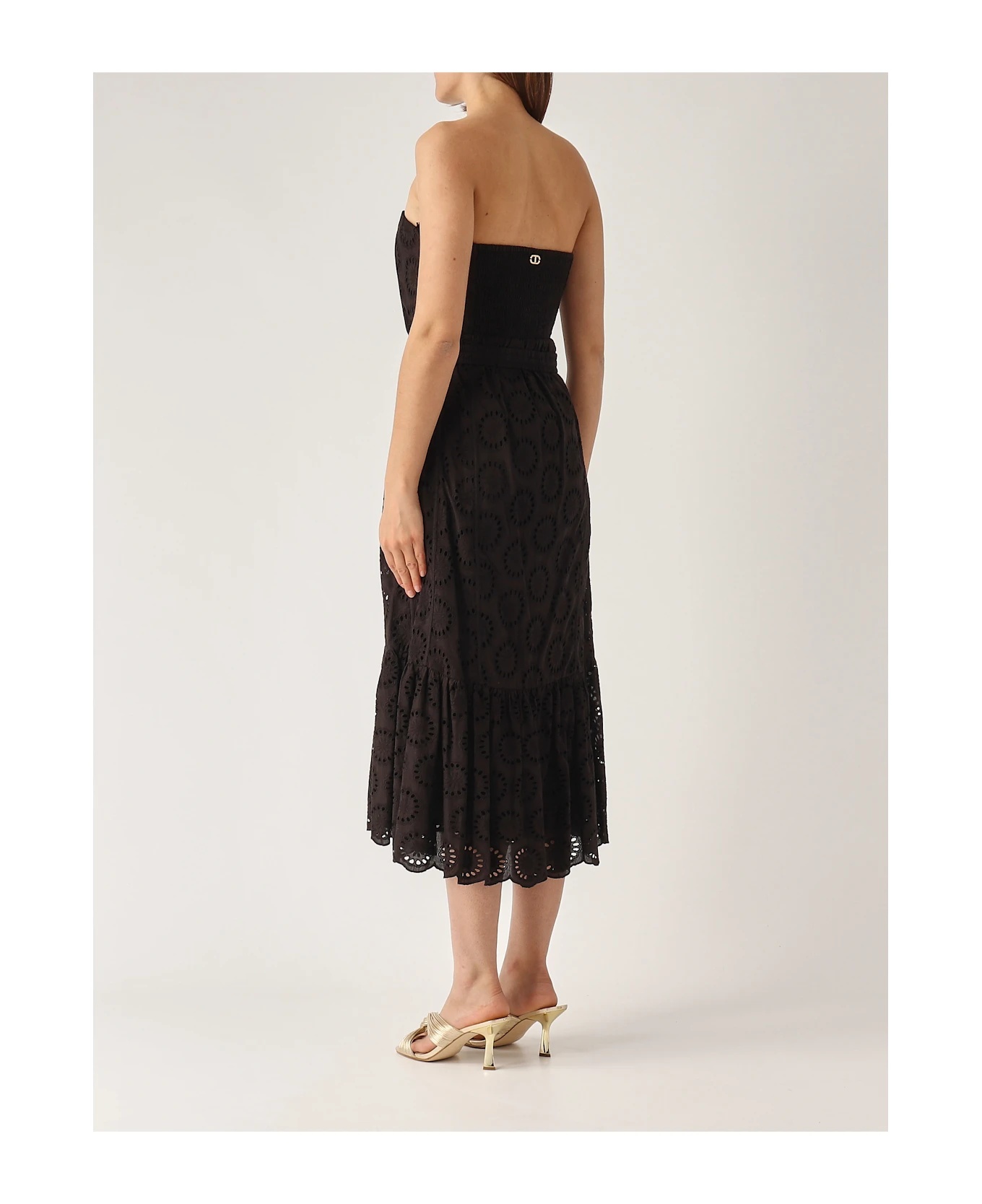 Twinset Black Dress With Removable Straps And Broderie Anglaise In Cotton Woman