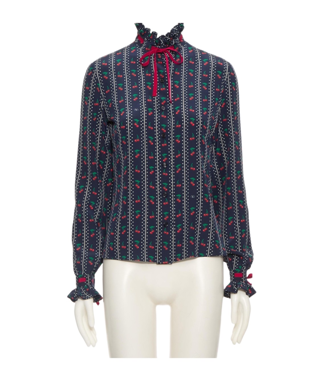 Valentino Cherry Polka-dot Striped Crepe De Chine Shirt In Black