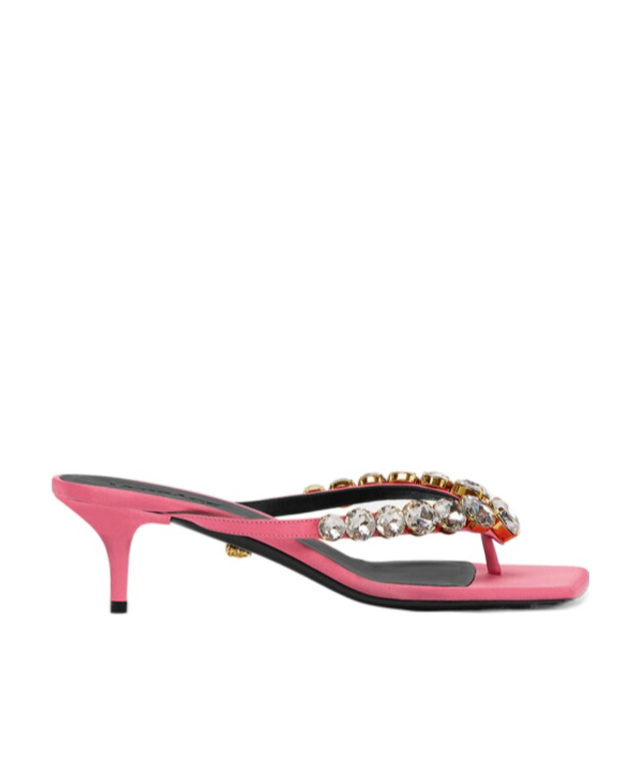 Versace T-belt Crystal High-heeled Sandals In Pink
