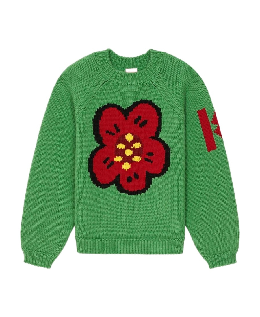 Kenzo Boke Flower Motif Embroidered Sweater In Green
