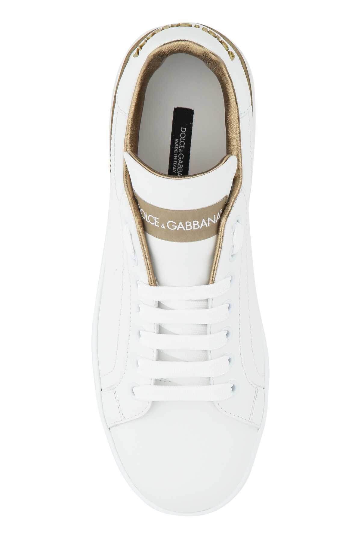 Dolce & Gabbana Portofino White And Gold Low Top Sneakers With Logo In Leather Woman In White