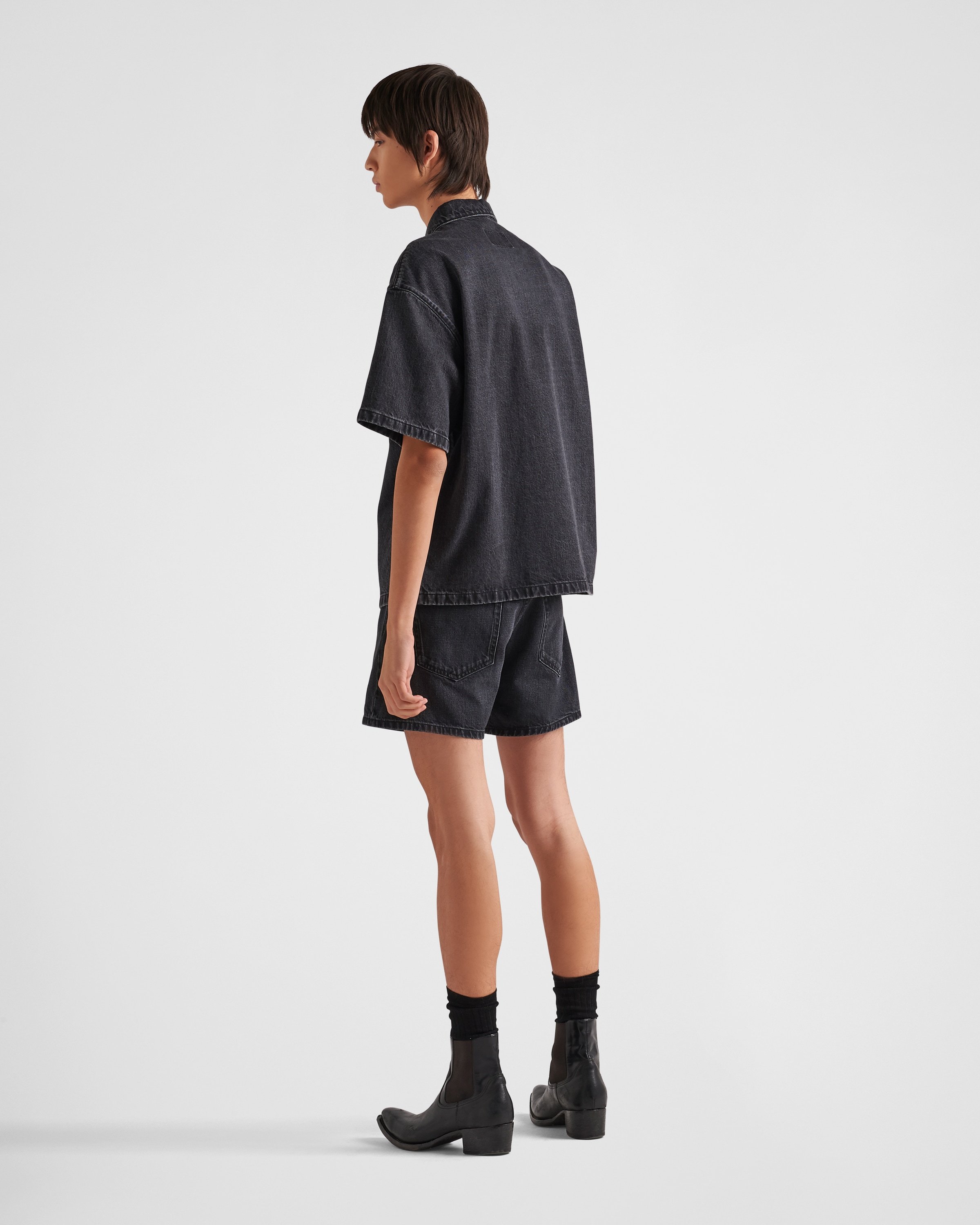 Prada Logo Plaque Short Sleeved Denim Shirt In Black