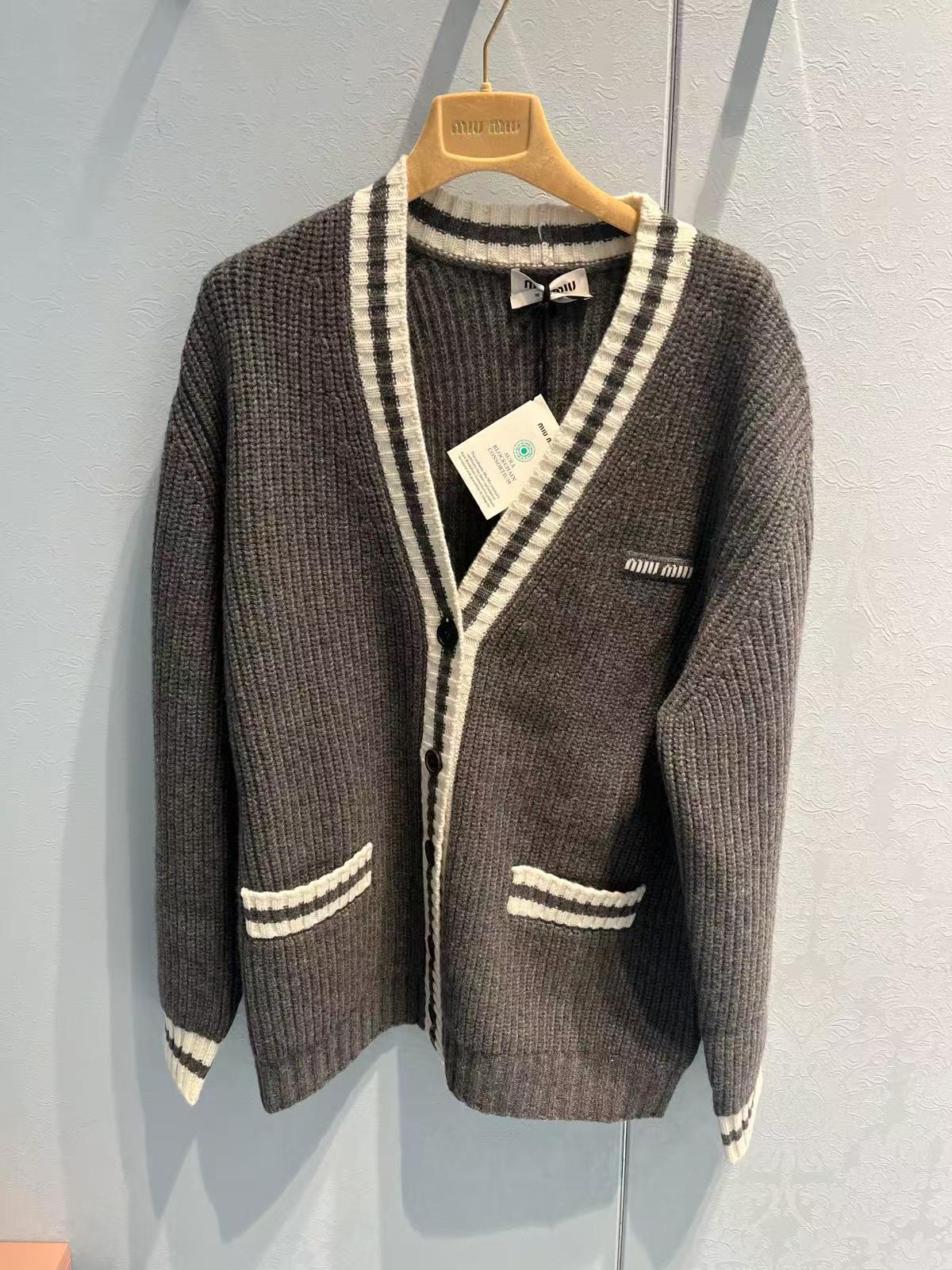 Miu Miu Ribbed Knit Wool And Cashmere Cardigan In Gray