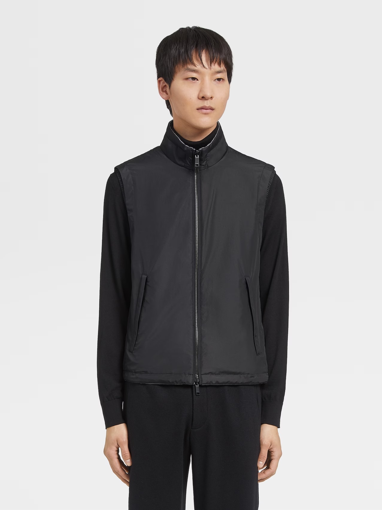 Zegna Reversible High Collar Sleeveless Jacket With Side Pockets In Black
