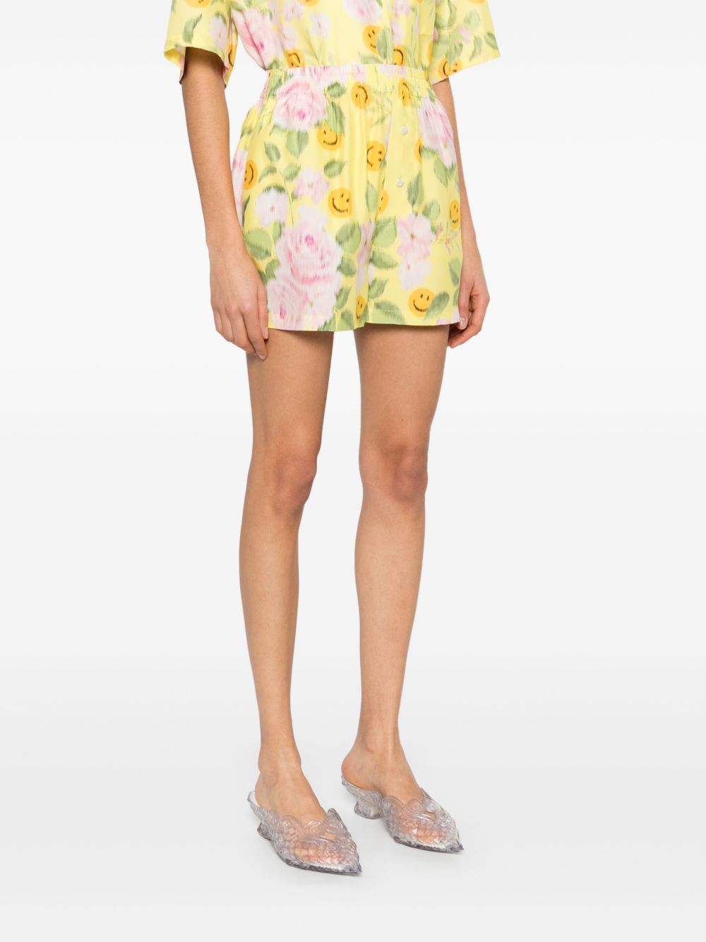 Moschino Elasticated Waistband Floral Print Smiley Face Shorts In Yellow