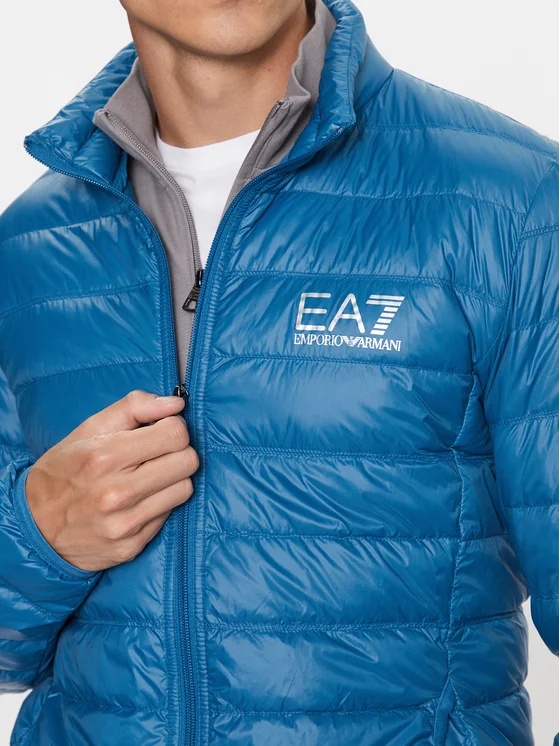 Ea7 Long-sleeved Down Jacket With Standing Collar In Blue