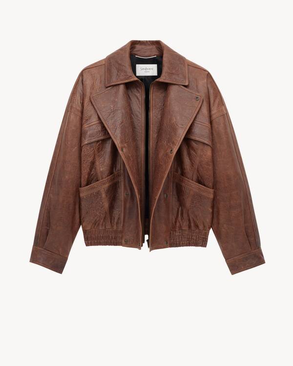 Saint Laurent Leather Jacket With Collared Design And Pockets In Brown