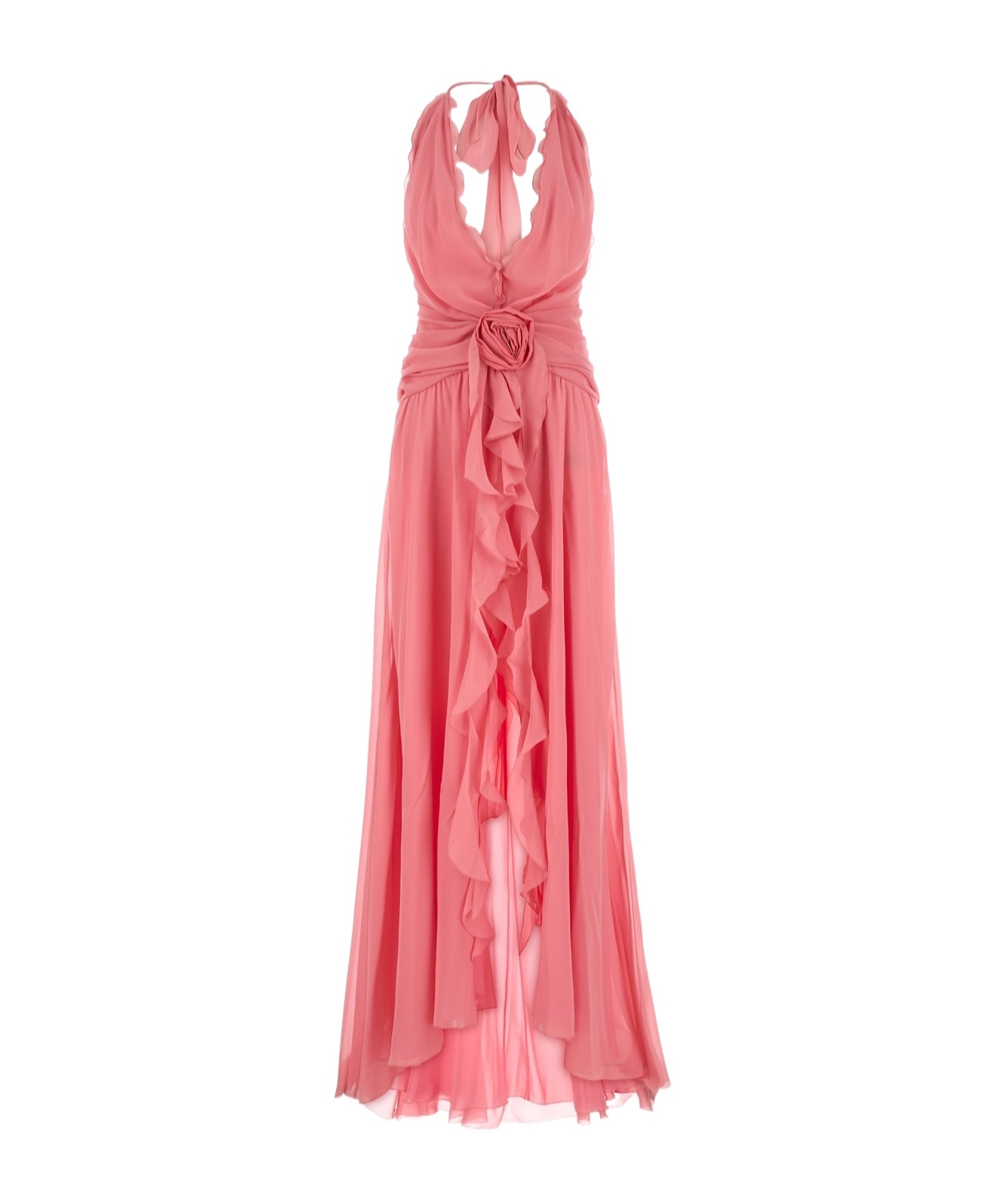 Blumarine Rose Appliqué Halterneck Ruffled Maxi Dress In Pink